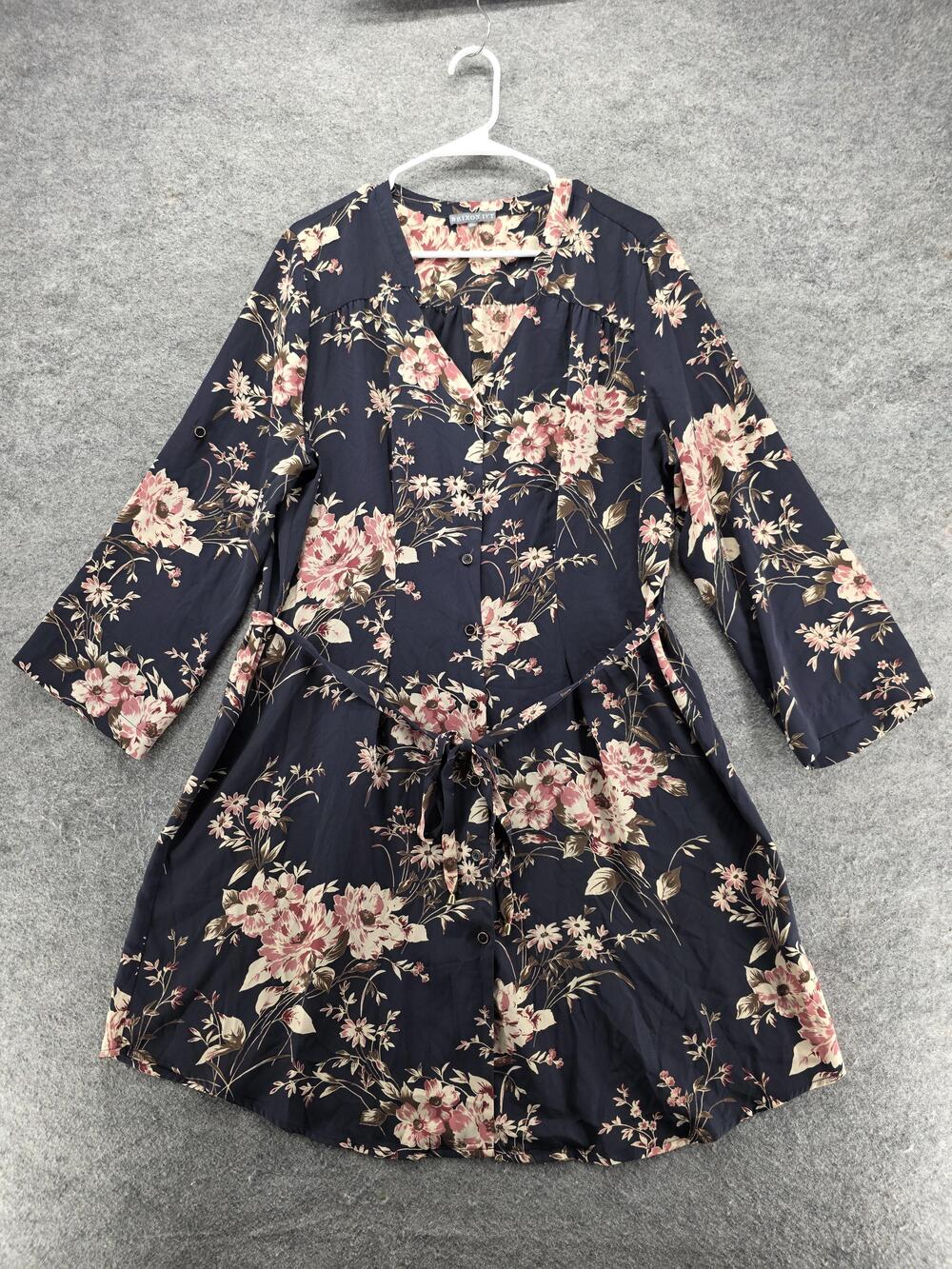 BRIXON IVY Dress Womens XXL Blue Shirt Dress Knee 3/4 Sleeve Floral Belted